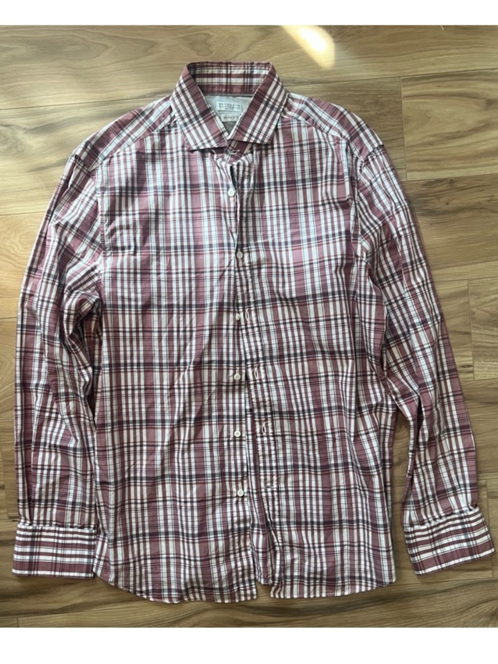 Brunello Cucinelli Red and White Plaid Slim Dress Shirt